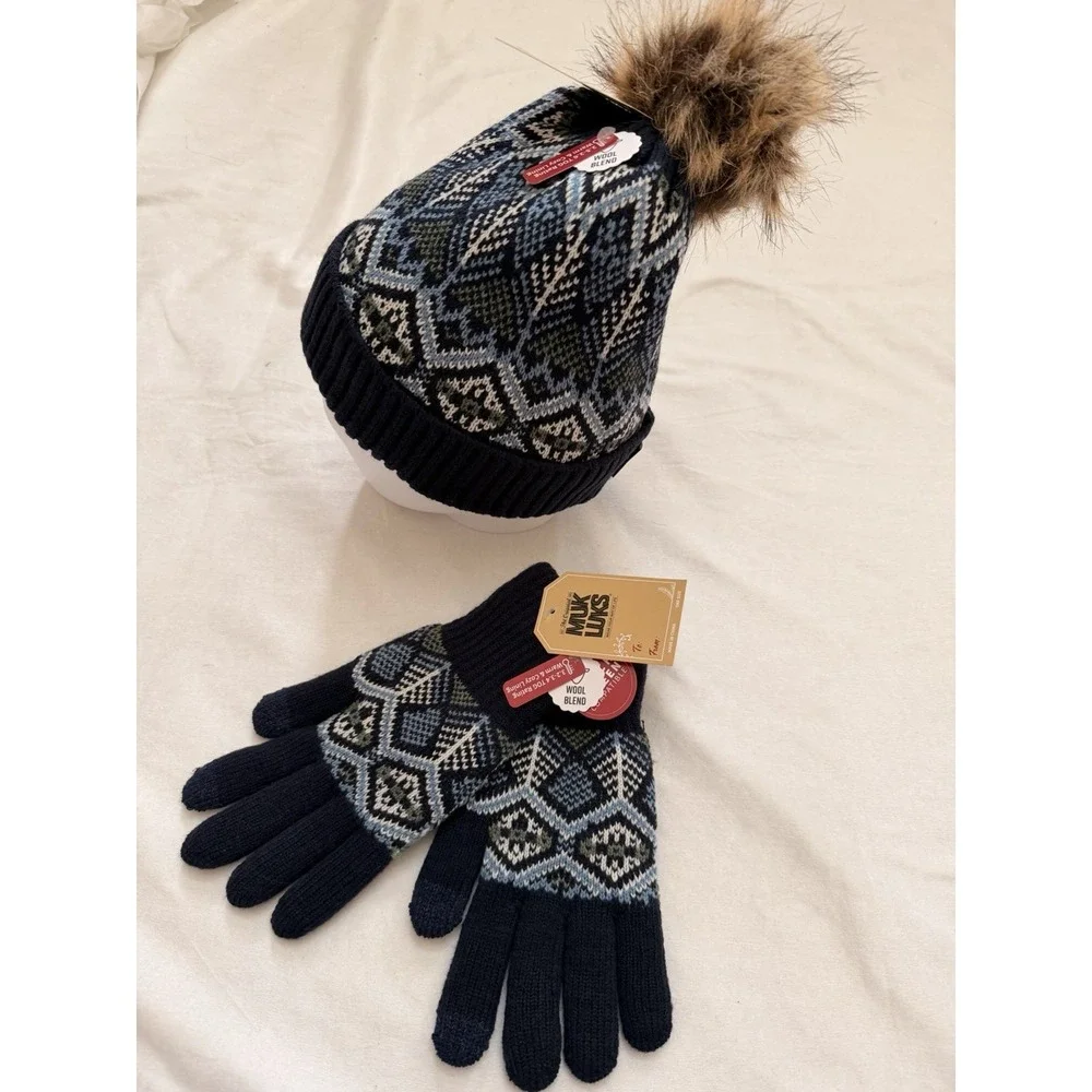 Muk Luks Women's Fair Isle Beanie Hat And Glove Set Black Gray,Blue Faux Fur Pom